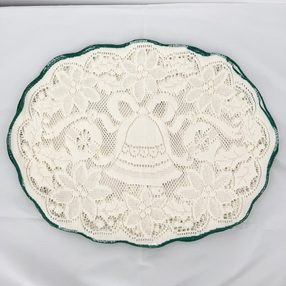 Placemats Set of 6 Christmas Bell Lace Cream Green Trim Holiday Cottage Core